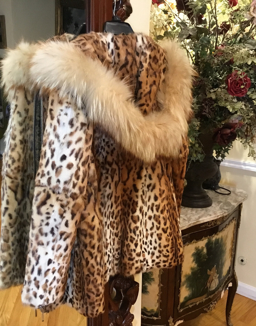 DYED LEOPARD PRINT SPOTTED CAT GENUINE FUR COAT w/ GENUINE FOX FUR ￼TRIM ￼Hoody