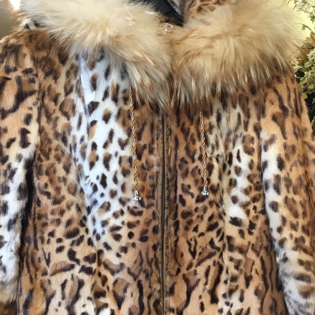 DYED LEOPARD PRINT SPOTTED CAT GENUINE FUR COAT w/ GENUINE FOX FUR ￼TRIM ￼Hoody