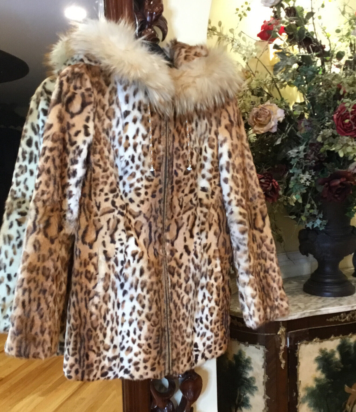 DYED LEOPARD PRINT SPOTTED CAT GENUINE FUR COAT w/ GENUINE FOX FUR ￼TRIM ￼Hoody