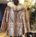 DYED LEOPARD PRINT SPOTTED CAT GENUINE FUR COAT w/ GENUINE FOX FUR ￼TRIM ￼Hoody
