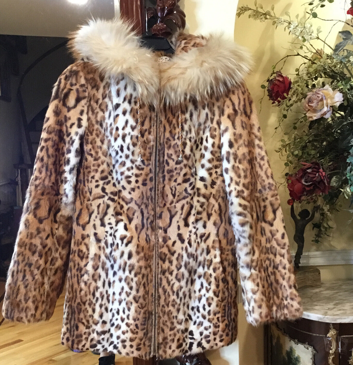 DYED LEOPARD PRINT SPOTTED CAT GENUINE FUR COAT w/ GENUINE FOX FUR ￼TRIM ￼Hoody