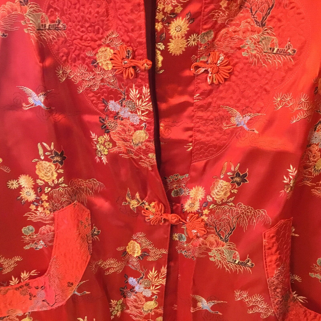 Vintage Chinese red crane bonsai Silk kimono robe dress coat China small pockets