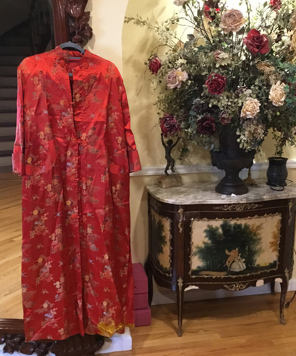 Vintage Chinese red crane bonsai Silk kimono robe dress coat China small pockets