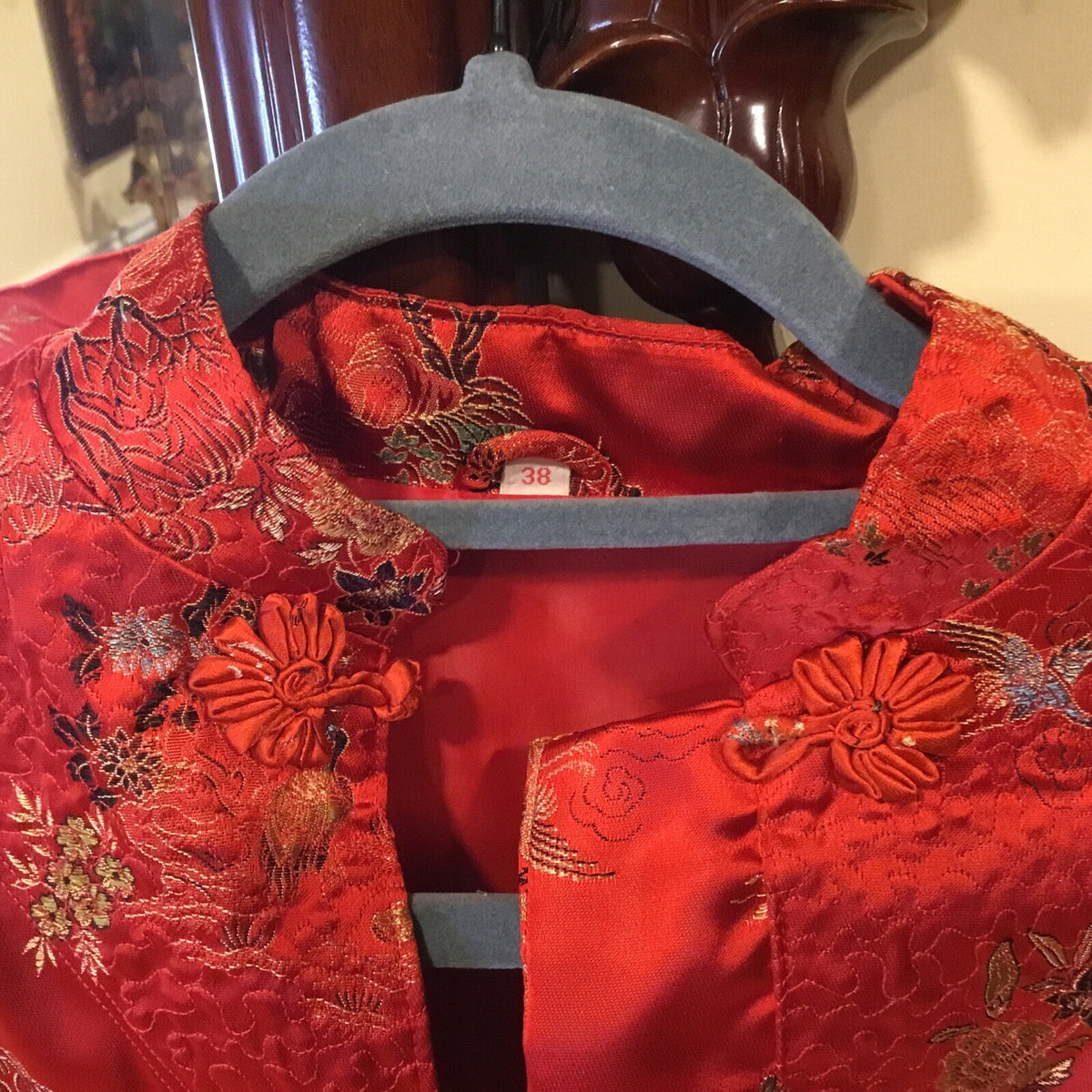 Vintage Chinese red crane bonsai Silk kimono robe dress coat China small pockets