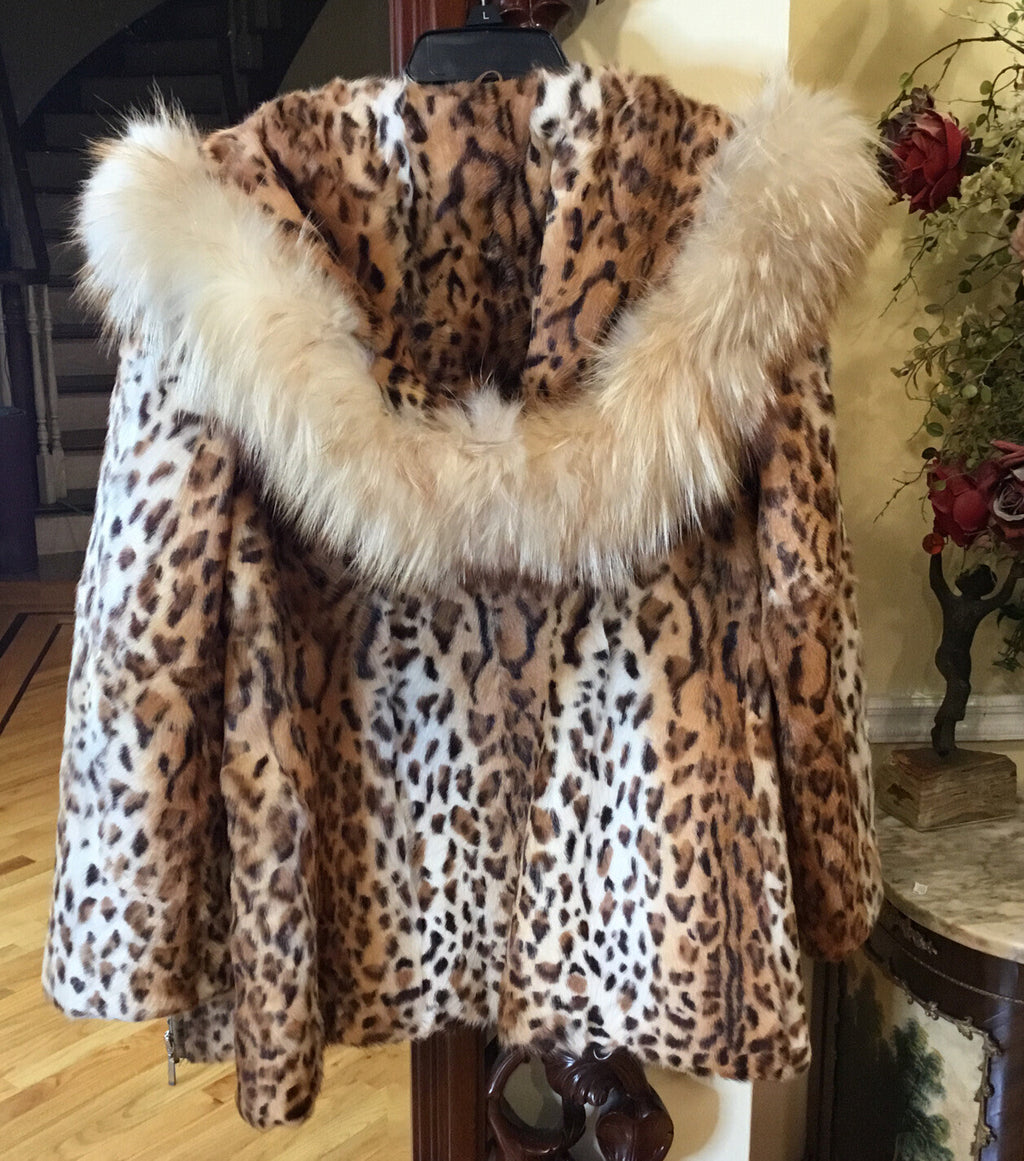 DYED LEOPARD PRINT SPOTTED CAT GENUINE FUR COAT w/ GENUINE FOX FUR ￼TRIM ￼Hoody