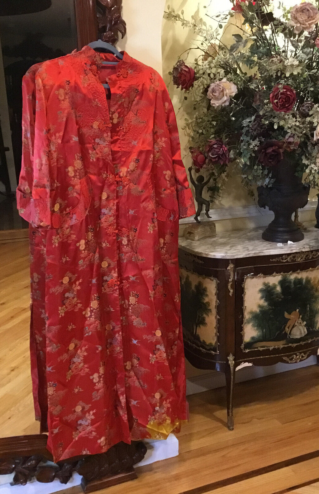 Vintage Chinese red crane bonsai Silk kimono robe dress coat China small pockets