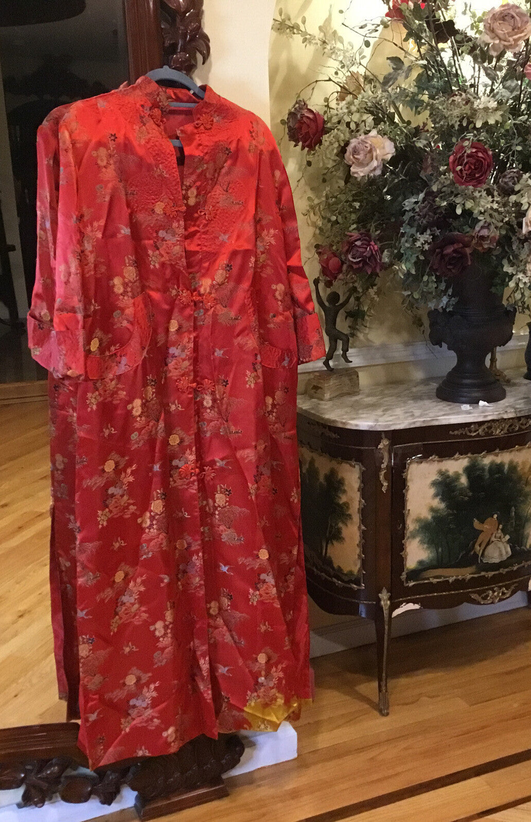 Vintage Chinese red crane bonsai Silk kimono robe dress coat China small pockets