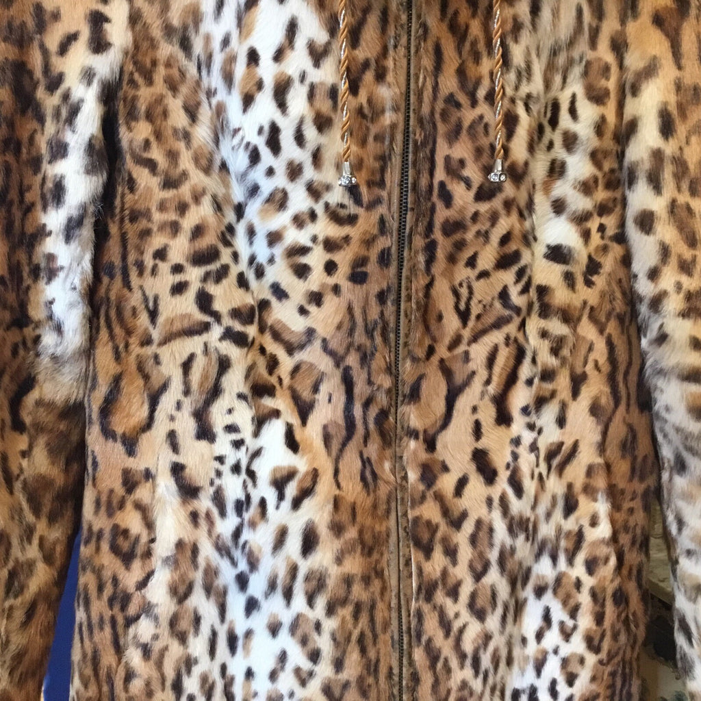 DYED LEOPARD PRINT SPOTTED CAT GENUINE FUR COAT w/ GENUINE FOX FUR ￼TRIM ￼Hoody