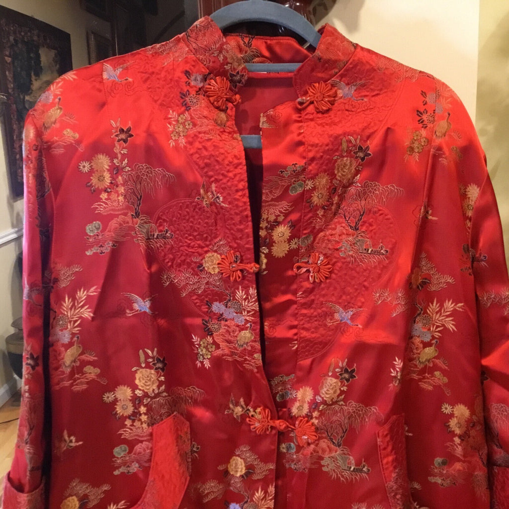 Vintage Chinese red crane bonsai Silk kimono robe dress coat China small pockets