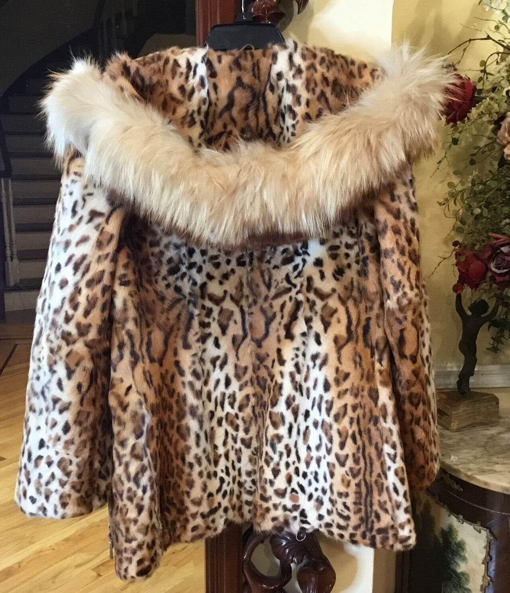 DYED LEOPARD PRINT SPOTTED CAT GENUINE FUR COAT w/ GENUINE FOX FUR ￼TRIM ￼Hoody