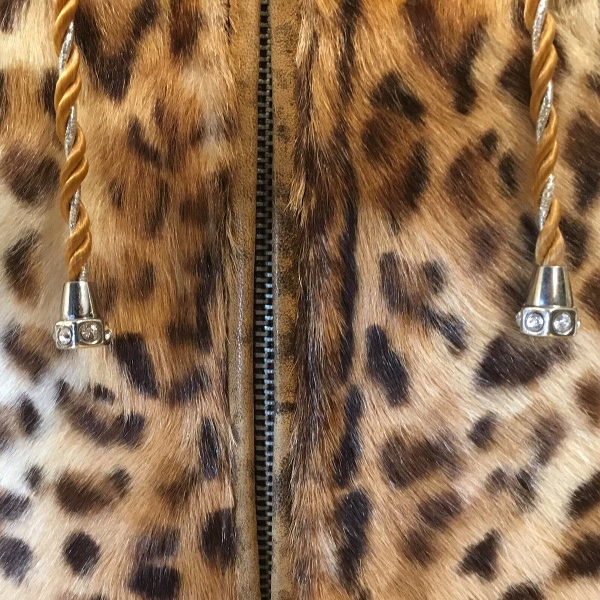 DYED LEOPARD PRINT SPOTTED CAT GENUINE FUR COAT w/ GENUINE FOX FUR ￼TRIM ￼Hoody
